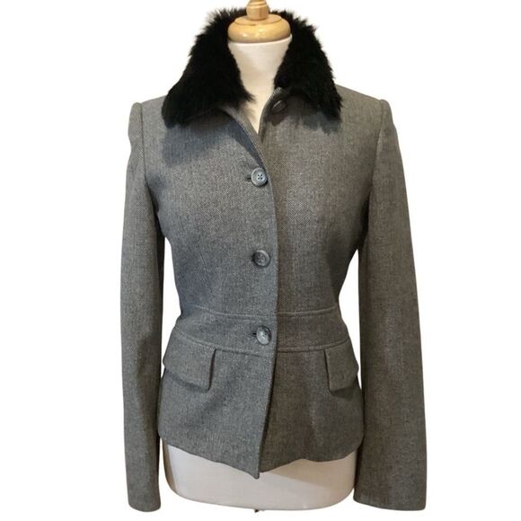 Banana Republic Gray Black Herringbone Detachable Lamb Collar Wool Jacket Size 6 - Picture 1 of 14